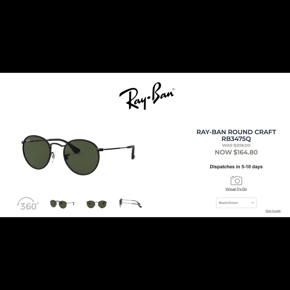 Ray-Ban Round Black Leather- Black/ Green Lenses